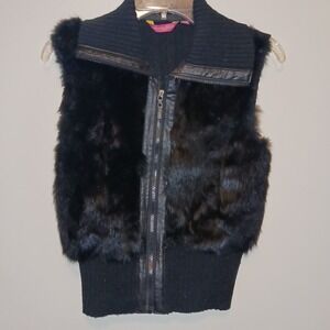 Vintage Black Rabbit Fur Knit Collar‎ Sweater Vest Womens Jennyfer J Fashion